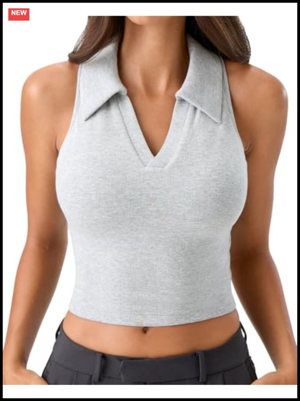 Ribbed Knit Tank Top with Built-In Bra and Polo Collar for Yoga